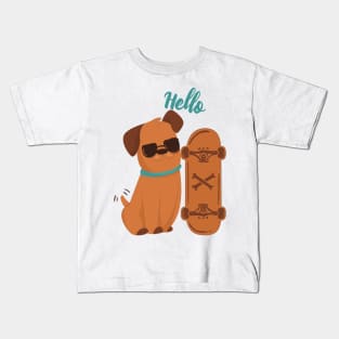 Cool Dog with skateboard say Hello Kids T-Shirt